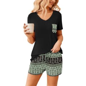 Ekouaer Womens Pajama Sets Short Sleeve Pajamas for Women Sets Soft Lounge Sets Casual V Neck Sleepwear PJS(Boho Vintage)