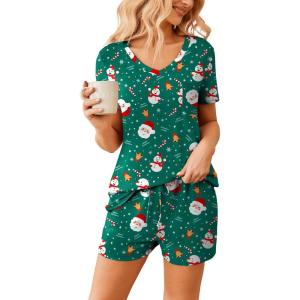 Ekouaer Womens Pajama Sets Short Sleeve Pajamas for Women Sets Soft Lounge Sets Casual V Neck Sleepwear PJS(Green Christmas)