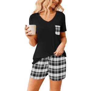 Ekouaer Womens Pajama Sets Short Sleeve Pajamas for Women Sets Soft Lounge Sets Casual V Neck Sleepwear PJS(Grey Plaid)