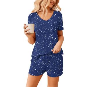 Ekouaer Womens Pajama Sets Short Sleeve Pajamas for Women Sets Soft Lounge Sets Casual V Neck Sleepwear PJS(Navy Blue Star)