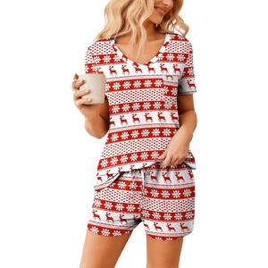 Ekouaer Womens Pajama Sets Short Sleeve Pajamas for Women Sets Soft Lounge Sets Casual V Neck Sleepwear PJS(Red Christmas)