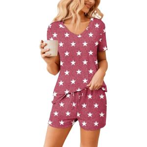Ekouaer Womens Pajama Sets Short Sleeve Pajamas for Women Sets Soft Lounge Sets Casual V Neck Sleepwear PJS(Red Star)