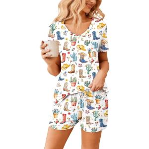 Ekouaer Womens Pajama Sets Short Sleeve Pajamas for Women Sets Soft Lounge Sets Casual V Neck Sleepwear PJS(Western Cactus)