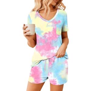 Ekouaer Womens Pajama Sets Short Sleeve Pajamas for Women Sets Soft Lounge Sets Casual V Neck Sleepwear PJS(Yellow Tie Dye)