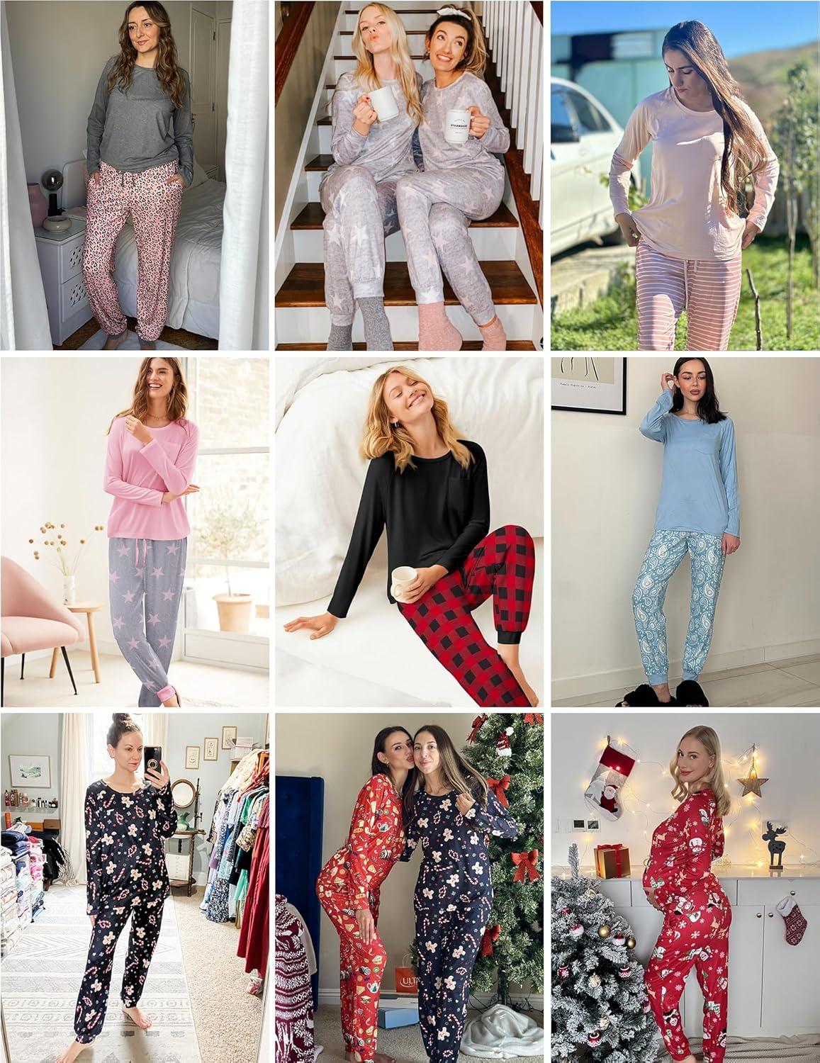 imageEkouaer 2 Pack Womens Pajamas Set Long Sleeve Sleepwear Top and Jogger Pants Lounge Sets Cozy Pjs Loungewear SXXLNavy Dotslight Pink Striped