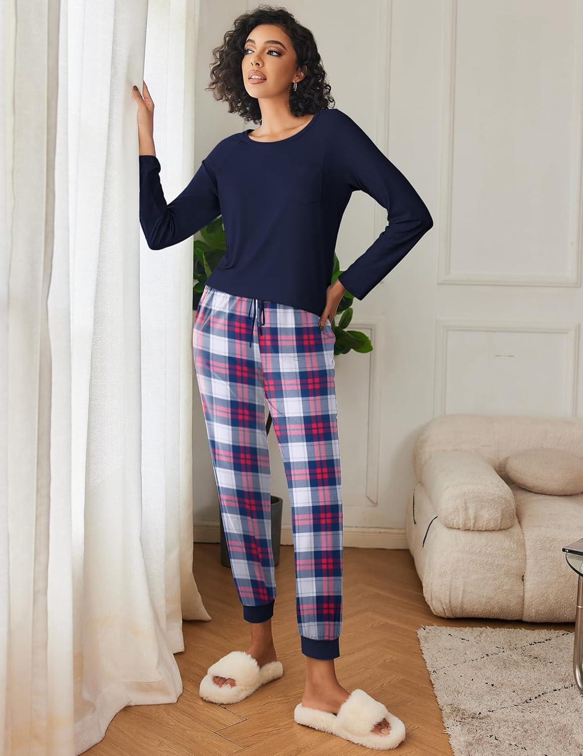 imageEkouaer 2 Pack Womens Pajamas Set Long Sleeve Sleepwear Top and Jogger Pants Lounge Sets Cozy Pjs Loungewear SXXLNavy Plaidwine Plaid