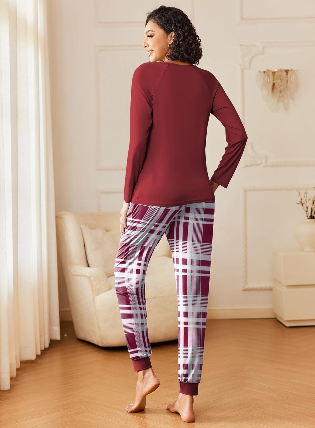 imageEkouaer 2 Pack Womens Pajamas Set Long Sleeve Sleepwear Top and Jogger Pants Lounge Sets Cozy Pjs Loungewear SXXLNavy Plaidwine Plaid