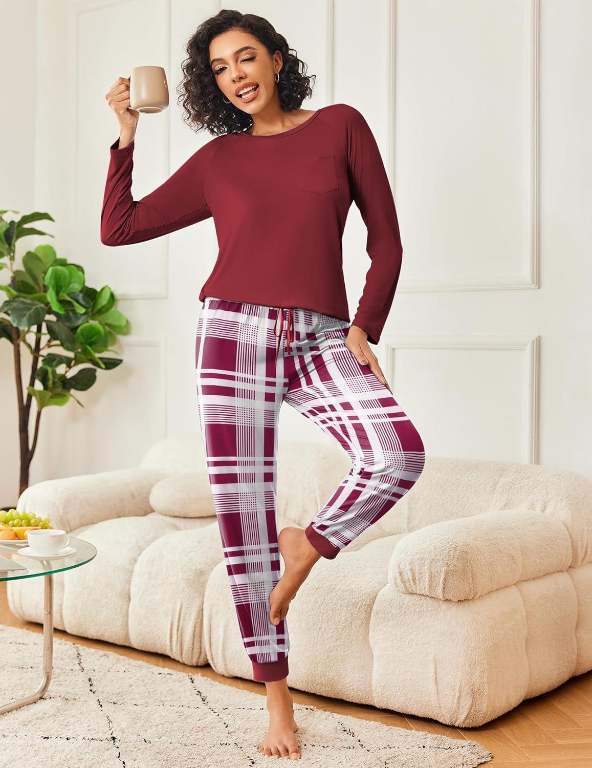 imageEkouaer 2 Pack Womens Pajamas Set Long Sleeve Sleepwear Top and Jogger Pants Lounge Sets Cozy Pjs Loungewear SXXLNavy Plaidwine Plaid