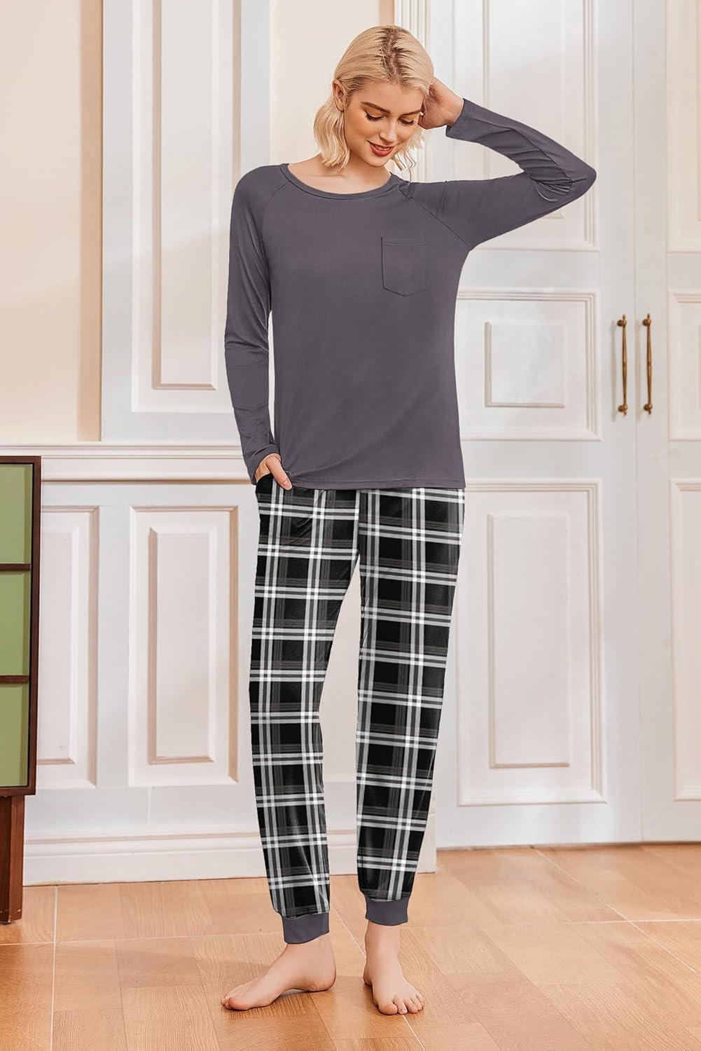 imageEkouaer 2 Pack Womens Pajamas Set Long Sleeve Sleepwear Top and Jogger Pants Lounge Sets Cozy Pjs Loungewear SXXLRose Plaidblack Plaid