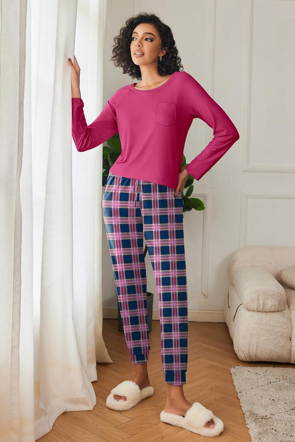 imageEkouaer 2 Pack Womens Pajamas Set Long Sleeve Sleepwear Top and Jogger Pants Lounge Sets Cozy Pjs Loungewear SXXLRose Plaidblack Plaid