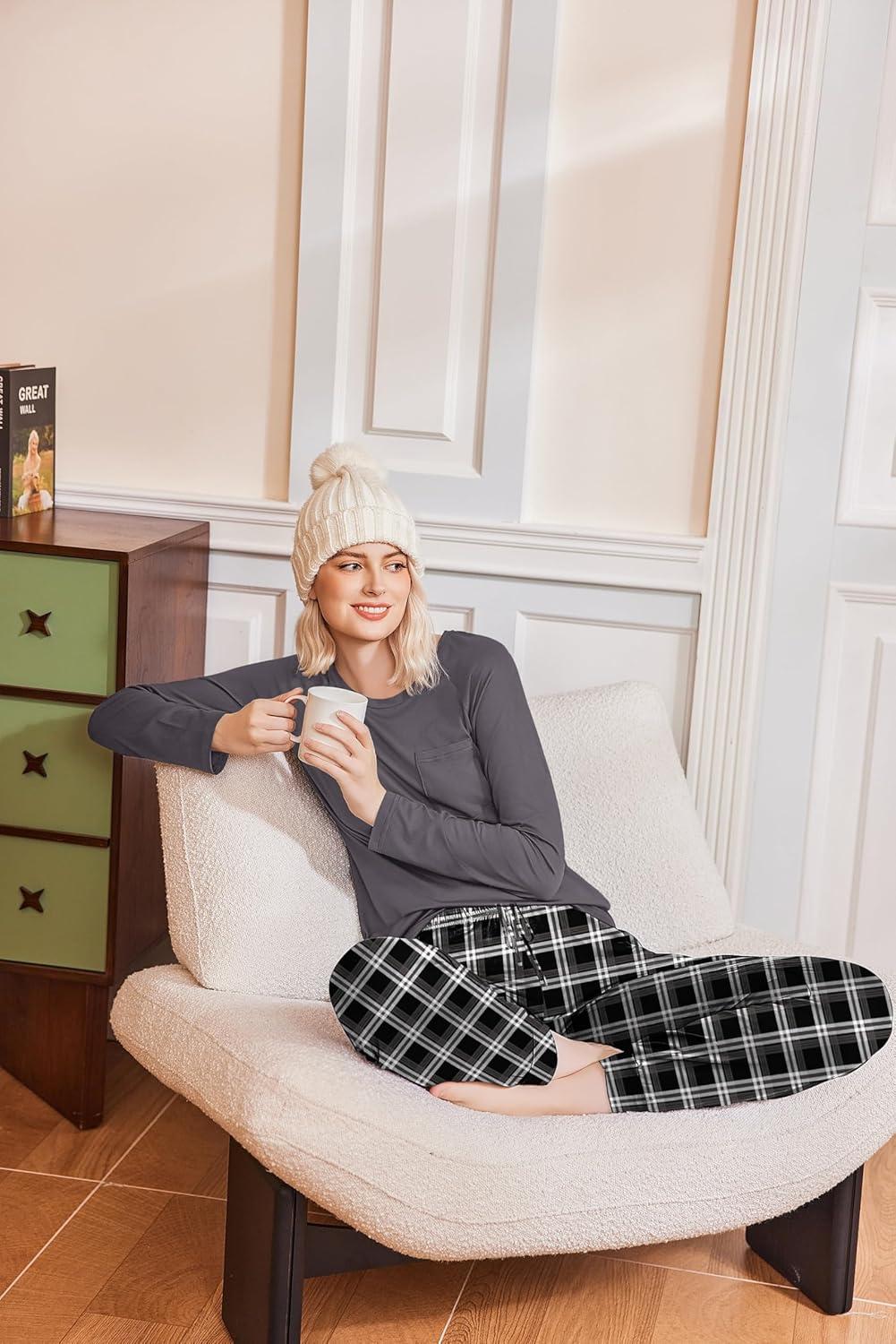 imageEkouaer 2 Pack Womens Pajamas Set Long Sleeve Sleepwear Top and Jogger Pants Lounge Sets Cozy Pjs Loungewear SXXLRose Plaidblack Plaid