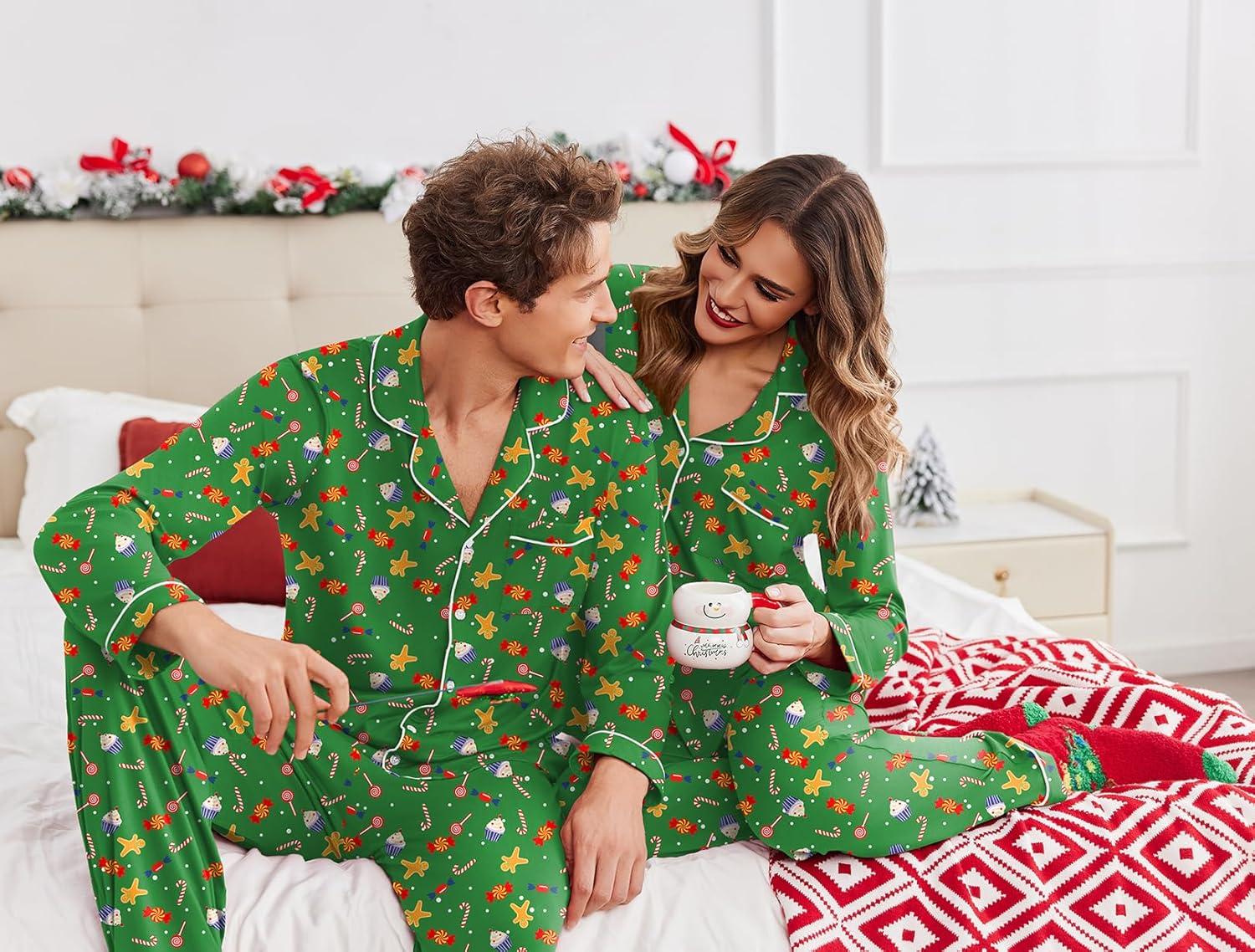 imageEkouaer Christmas Family Matching Pajamas Long Sleeve Button Down Pj Set Festival Party SleepwearGreenSuagr