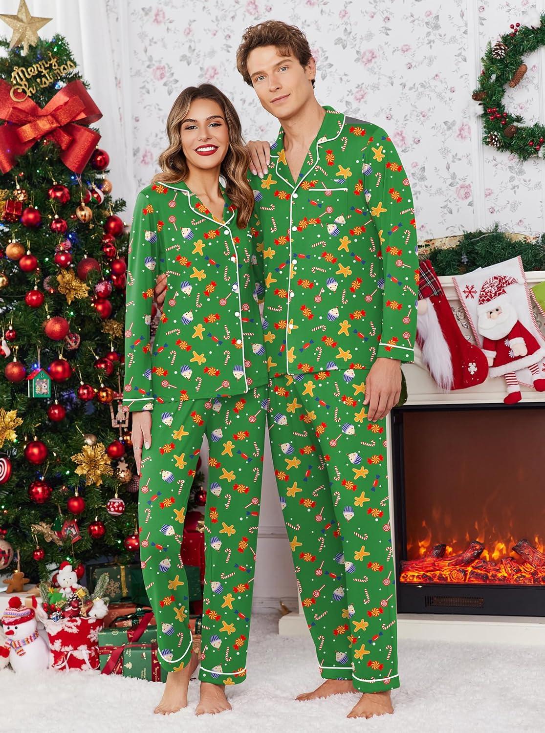 imageEkouaer Christmas Family Matching Pajamas Long Sleeve Button Down Pj Set Festival Party SleepwearGreenSuagr