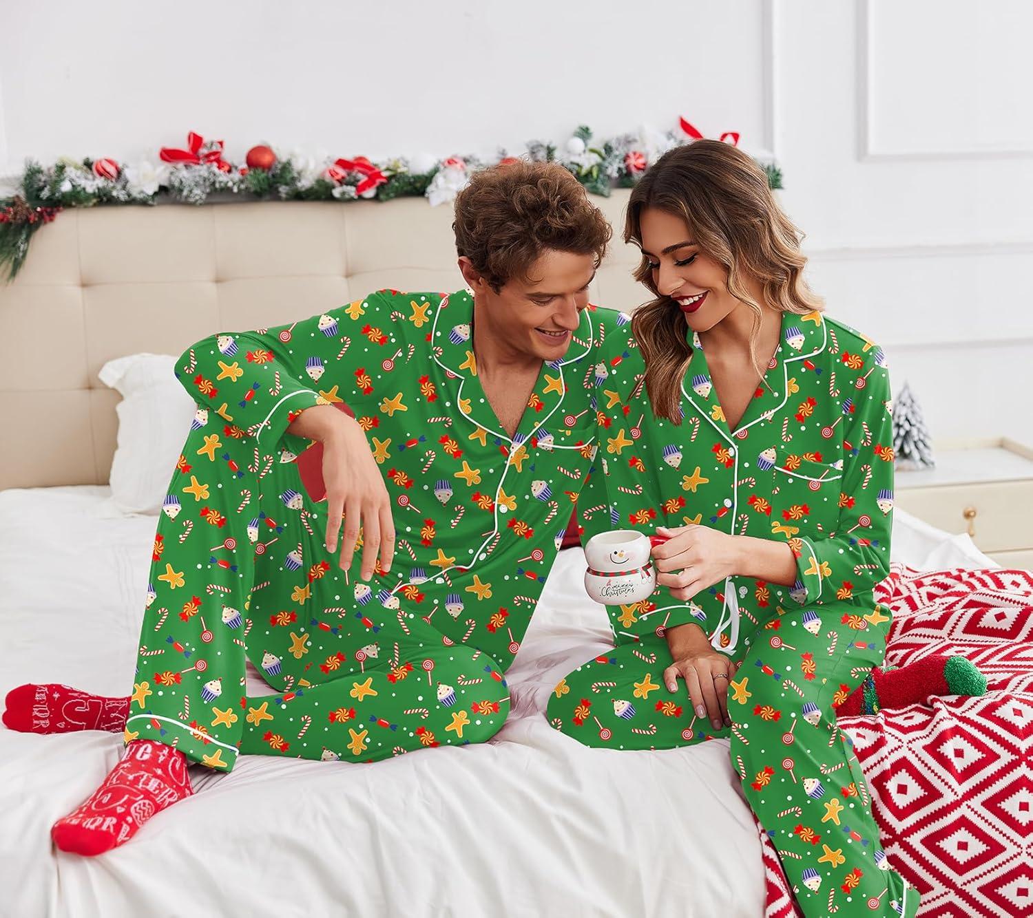 imageEkouaer Christmas Family Matching Pajamas Long Sleeve Button Down Pj Set Festival Party SleepwearGreenSuagr