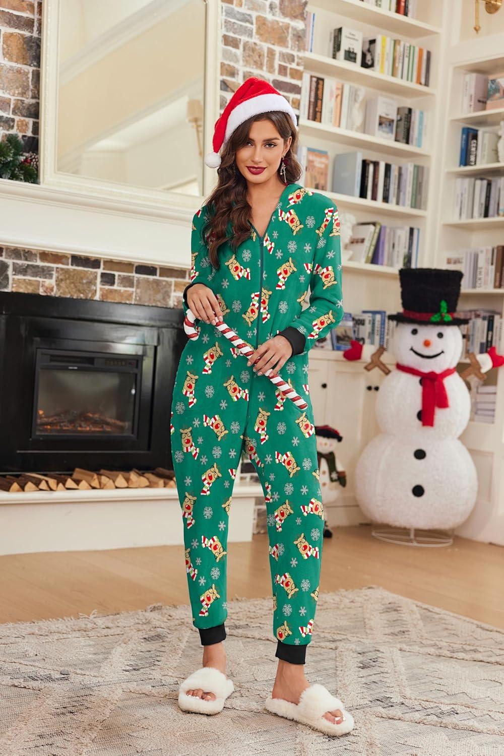 imageEkouaer Christmas Matching Onesie for Couples Fleece Hoodie One Piece Zipper Pajamas with Pockets SXXLChristmas Green