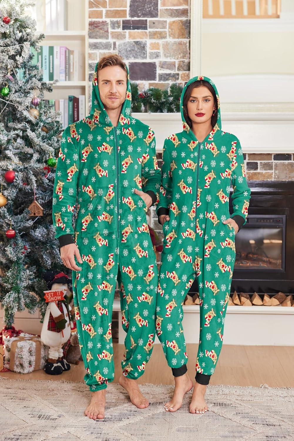 imageEkouaer Christmas Matching Onesie for Couples Fleece Hoodie One Piece Zipper Pajamas with Pockets SXXLChristmas Green