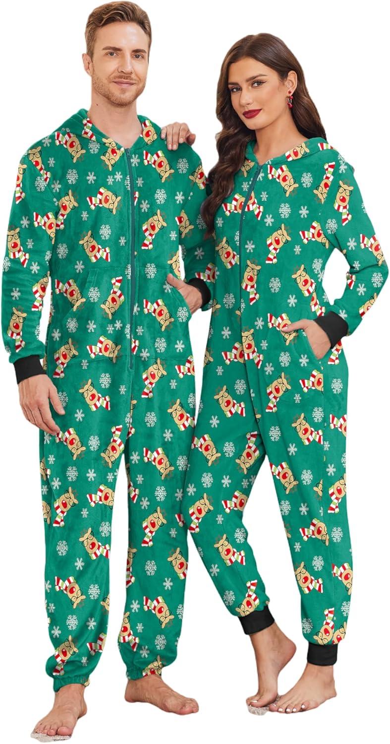 imageEkouaer Christmas Matching Onesie for Couples Fleece Hoodie One Piece Zipper Pajamas with Pockets SXXLChristmas Green