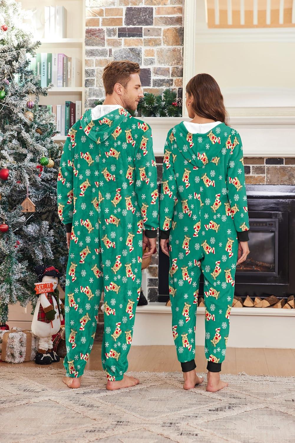 imageEkouaer Christmas Matching Onesie for Couples Fleece Hoodie One Piece Zipper Pajamas with Pockets SXXLChristmas Green