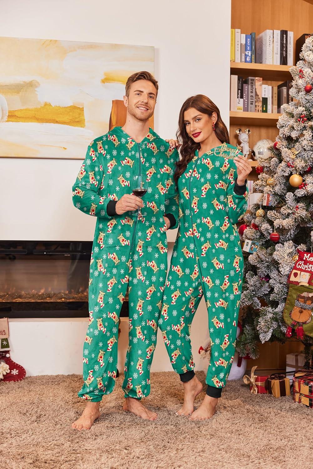 imageEkouaer Christmas Matching Onesie for Couples Fleece Hoodie One Piece Zipper Pajamas with Pockets SXXLChristmas Green