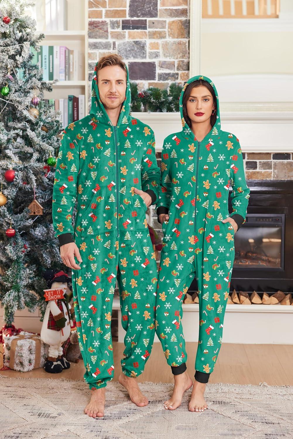 imageEkouaer Christmas Matching Onesie for Couples Fleece Hoodie One Piece Zipper Pajamas with Pockets SXXLGreen Snowflake