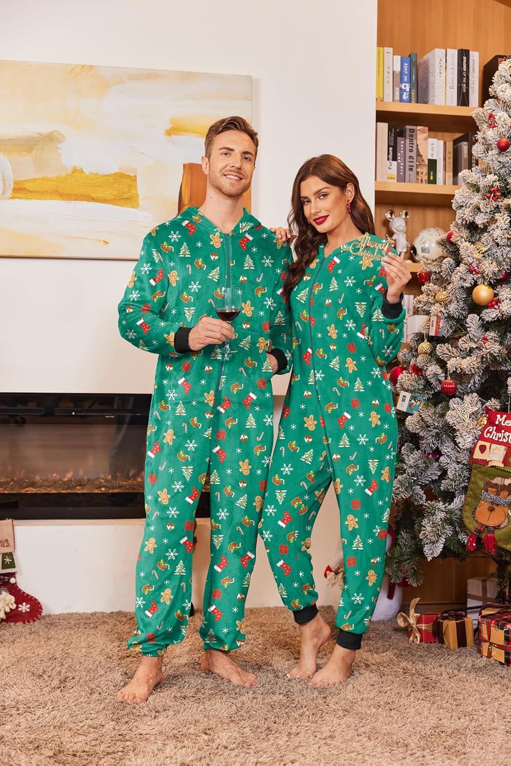 imageEkouaer Christmas Matching Onesie for Couples Fleece Hoodie One Piece Zipper Pajamas with Pockets SXXLGreen Snowflake