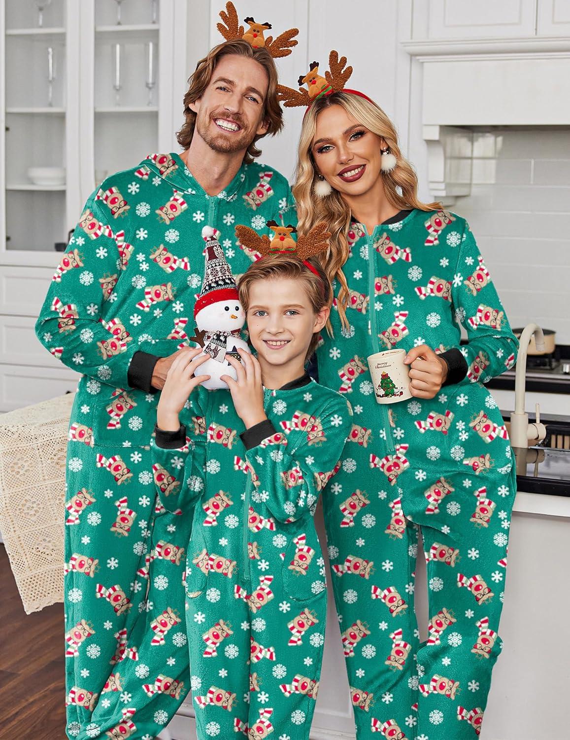 imageEkouaer Christmas Onesie Matching Family Fleece Hooded One Piece Zipper Long Sleeve Pajamas with Pockets SXXLChristmas Green