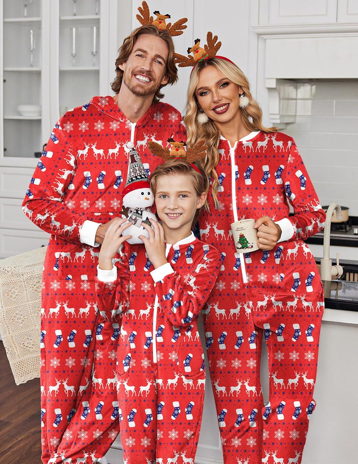 imageEkouaer Christmas Onesie Matching Family Fleece Hooded One Piece Zipper Long Sleeve Pajamas with Pockets SXXLChristmas Red