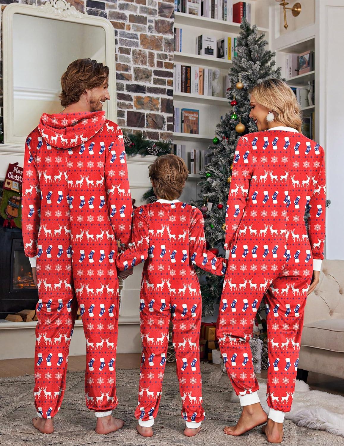 imageEkouaer Christmas Onesie Matching Family Fleece Hooded One Piece Zipper Long Sleeve Pajamas with Pockets SXXLChristmas Red