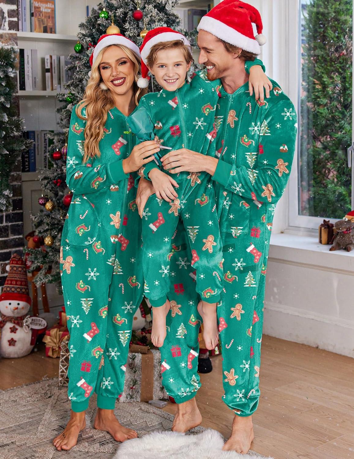 imageEkouaer Christmas Onesie Matching Family Fleece Hooded One Piece Zipper Long Sleeve Pajamas with Pockets SXXLGreen Snowflake