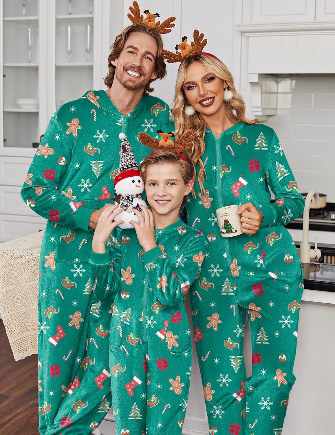 imageEkouaer Christmas Onesie Matching Family Fleece Hooded One Piece Zipper Long Sleeve Pajamas with Pockets SXXLGreen Snowflake