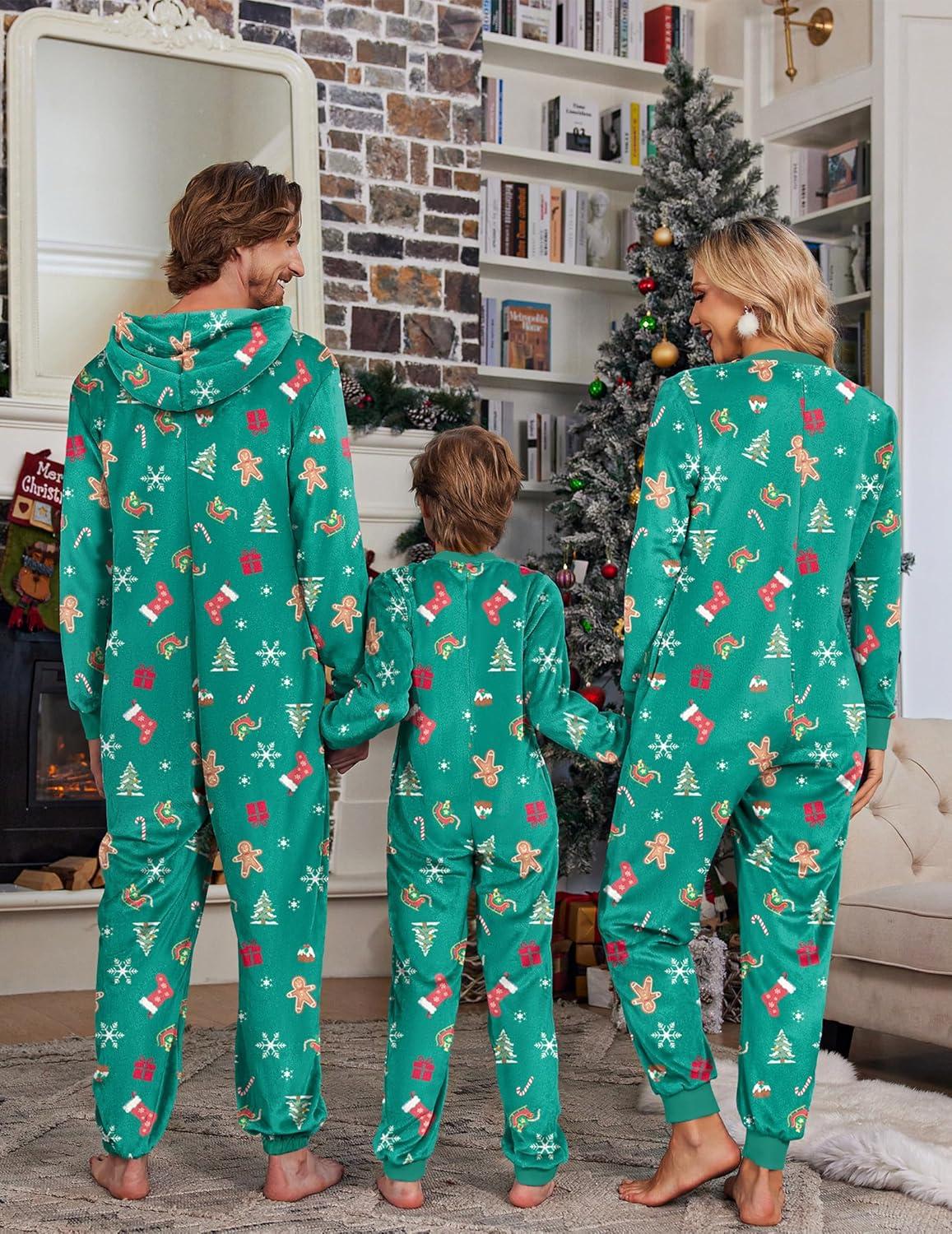 imageEkouaer Christmas Onesie Matching Family Fleece Hooded One Piece Zipper Long Sleeve Pajamas with Pockets SXXLGreen Snowflake
