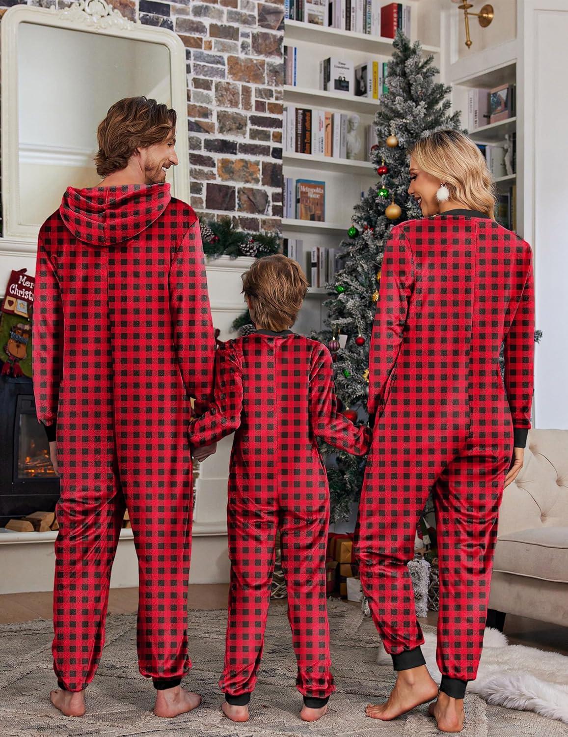 imageEkouaer Christmas Onesie Matching Family Fleece Hooded One Piece Zipper Long Sleeve Pajamas with Pockets SXXLRed Plaid