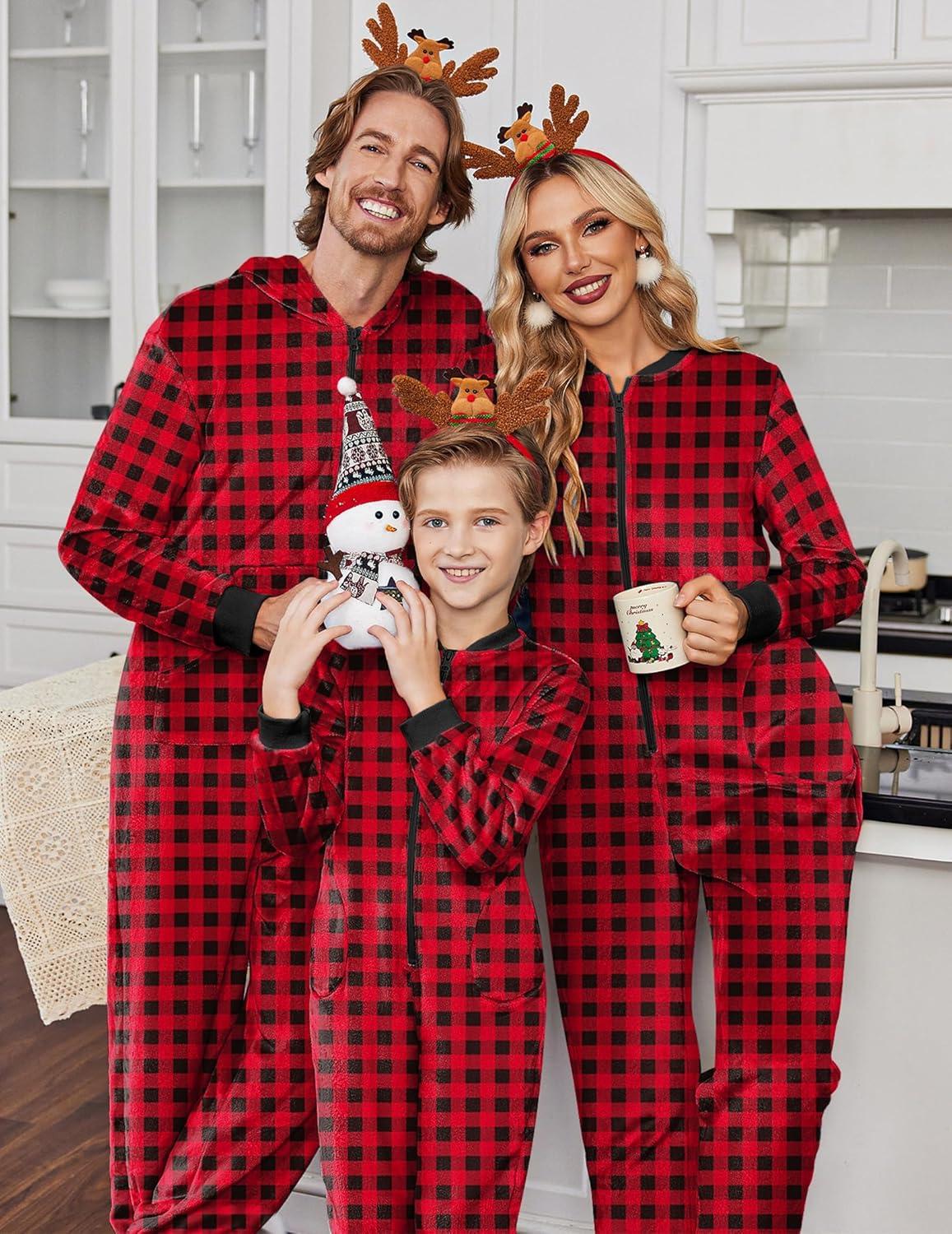 imageEkouaer Christmas Onesie Matching Family Fleece Hooded One Piece Zipper Long Sleeve Pajamas with Pockets SXXLRed Plaid