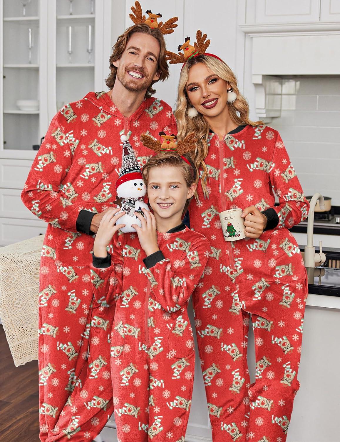 imageEkouaer Christmas Onesie Matching Family Fleece Hooded One Piece Zipper Long Sleeve Pajamas with Pockets SXXLReindeer Red