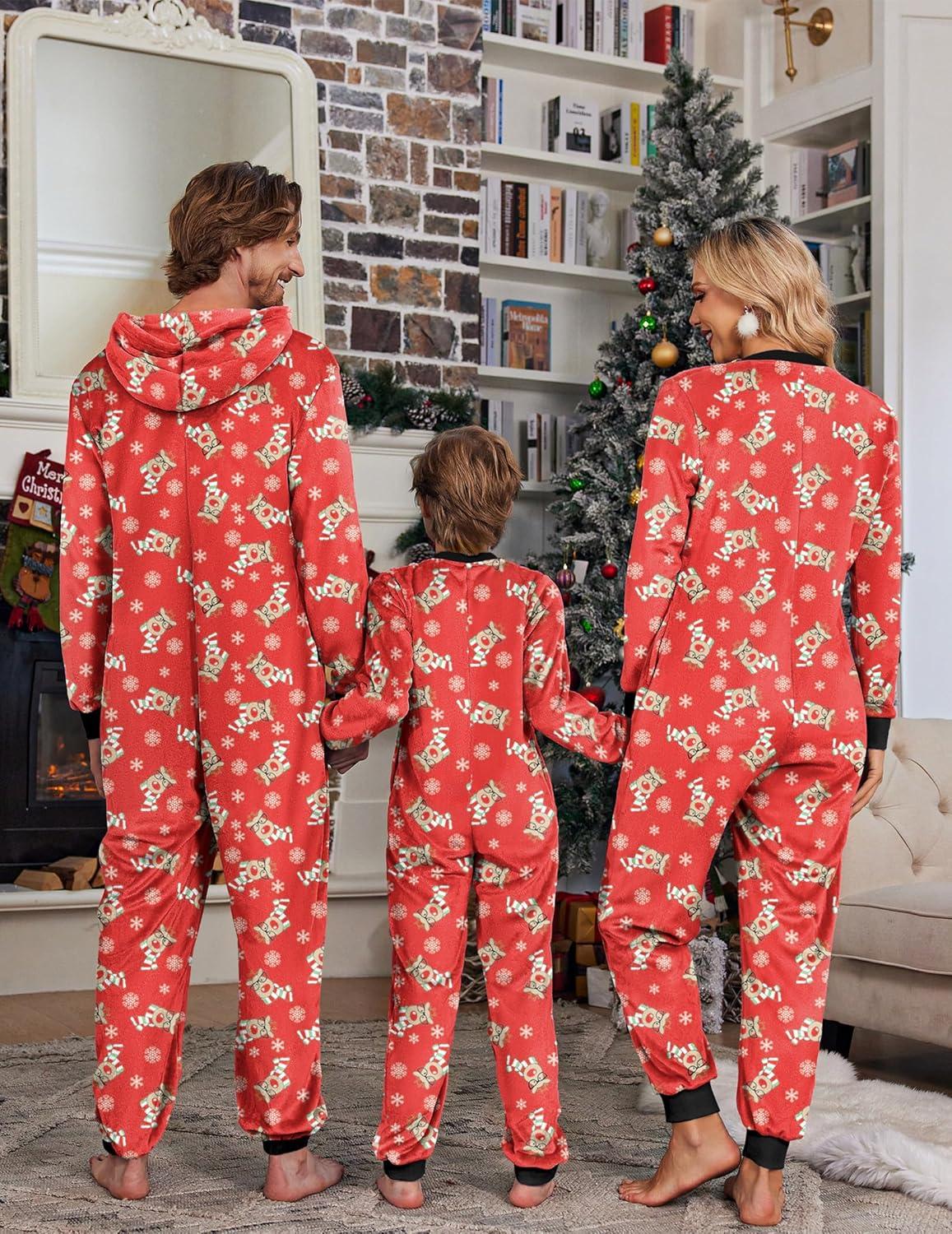 imageEkouaer Christmas Onesie Matching Family Fleece Hooded One Piece Zipper Long Sleeve Pajamas with Pockets SXXLReindeer Red