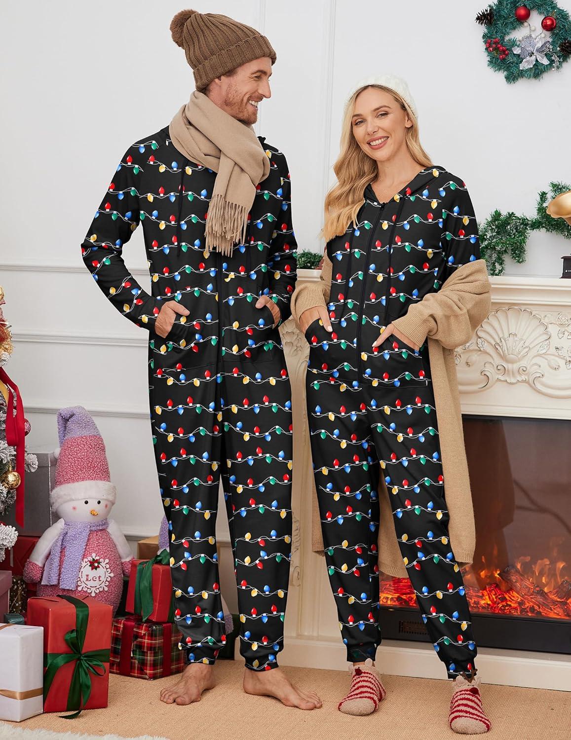 imageEkouaer Christmas Onesie for Couples Zipper Hooded Adult Matching Onesie Pajamas with PocketsChristmas Light