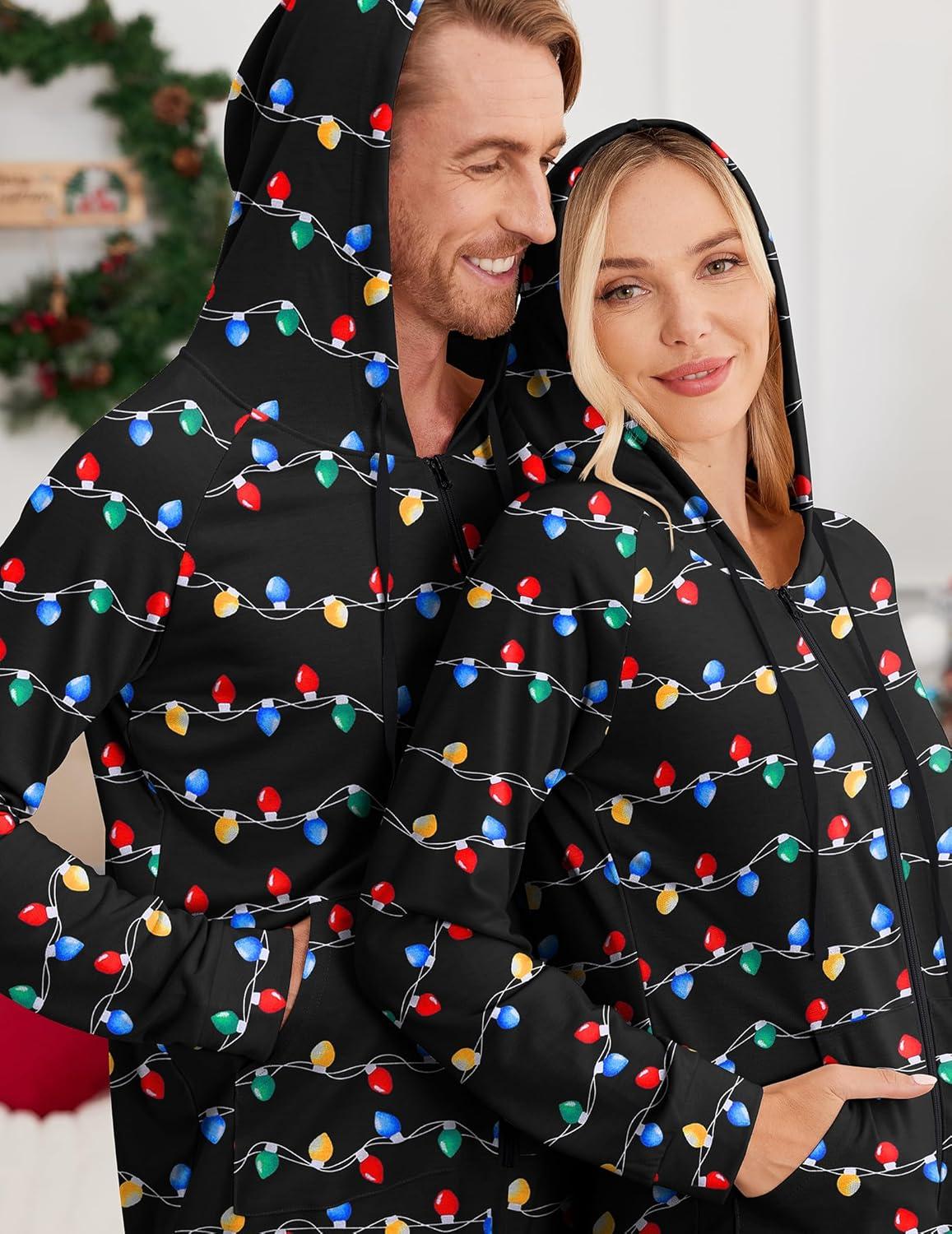 imageEkouaer Christmas Onesie for Couples Zipper Hooded Adult Matching Onesie Pajamas with PocketsChristmas Light
