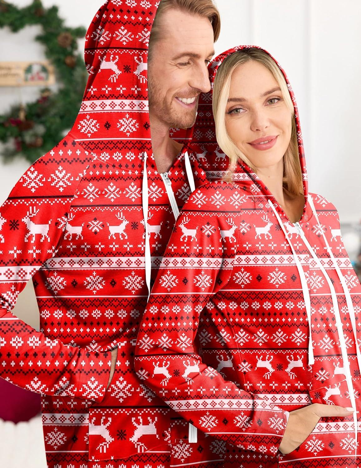 imageEkouaer Christmas Onesie for Couples Zipper Hooded Adult Matching Onesie Pajamas with PocketsElk