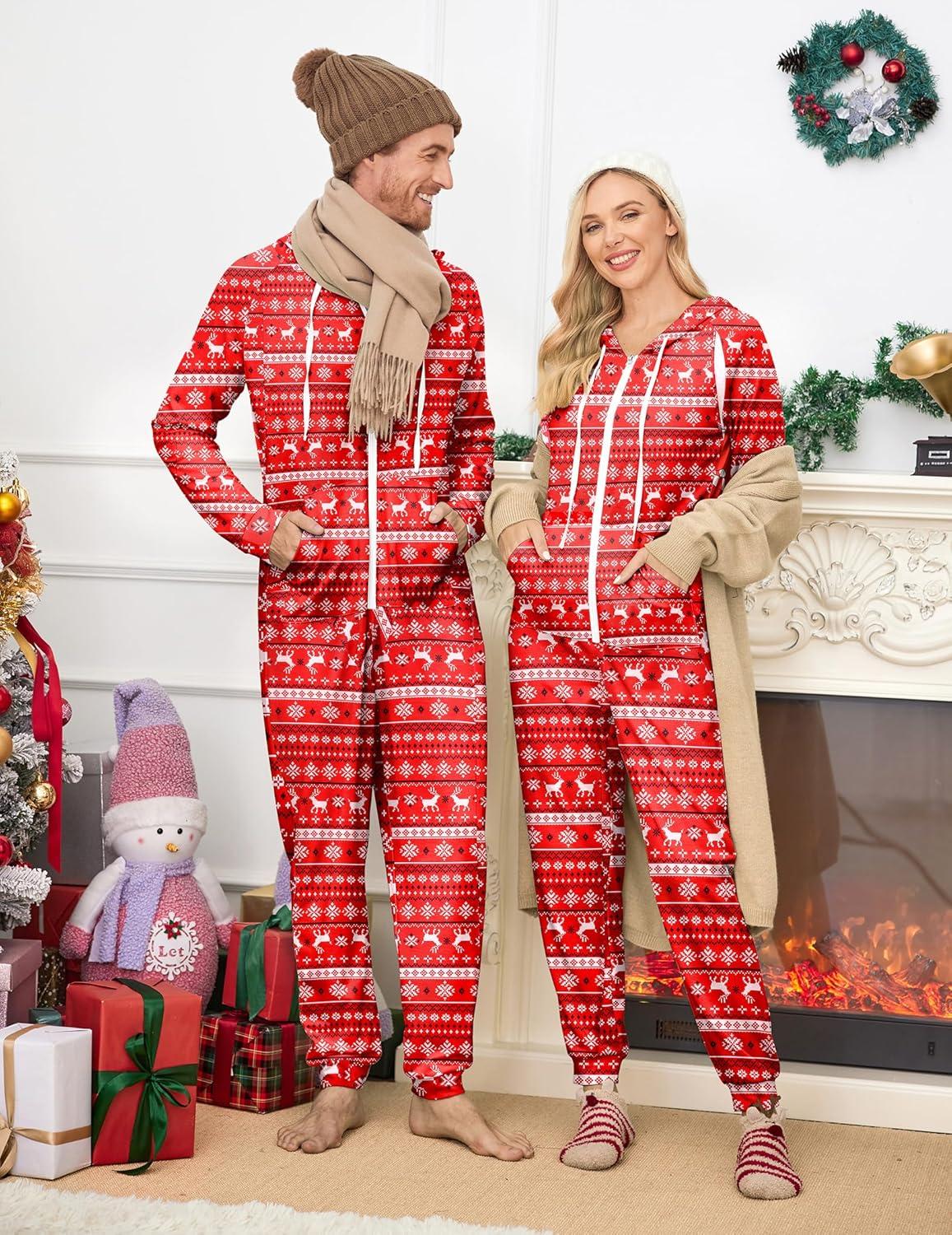 imageEkouaer Christmas Onesie for Couples Zipper Hooded Adult Matching Onesie Pajamas with PocketsElk