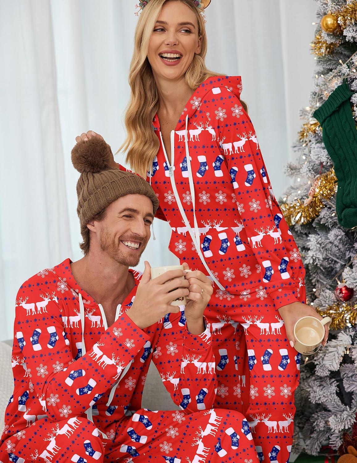 imageEkouaer Christmas Onesie for Couples Zipper Hooded Adult Matching Onesie Pajamas with PocketsElk Snowflake