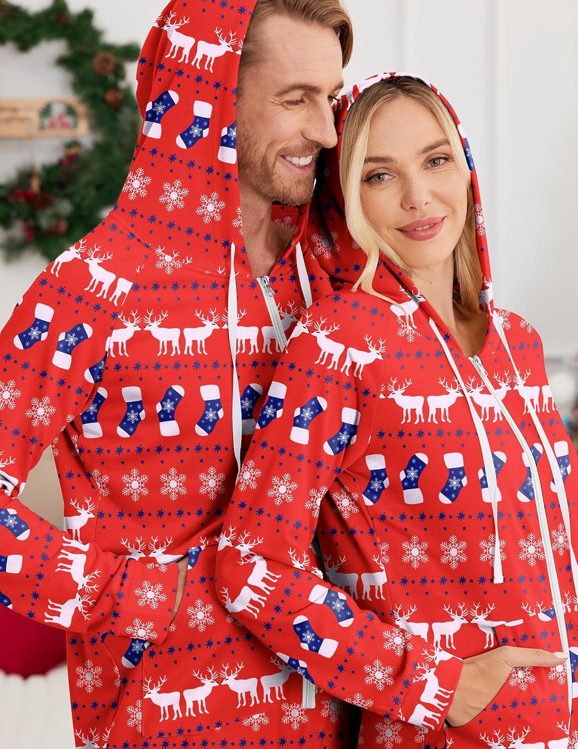 imageEkouaer Christmas Onesie for Couples Zipper Hooded Adult Matching Onesie Pajamas with PocketsElk Snowflake