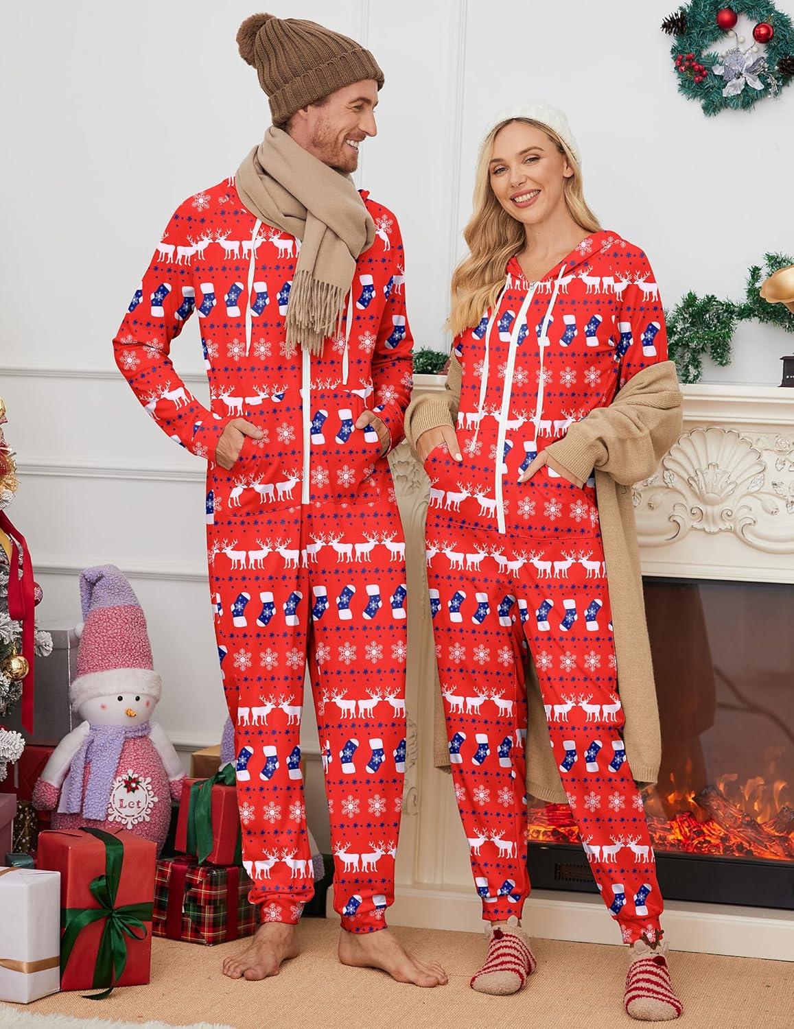 imageEkouaer Christmas Onesie for Couples Zipper Hooded Adult Matching Onesie Pajamas with PocketsElk Snowflake