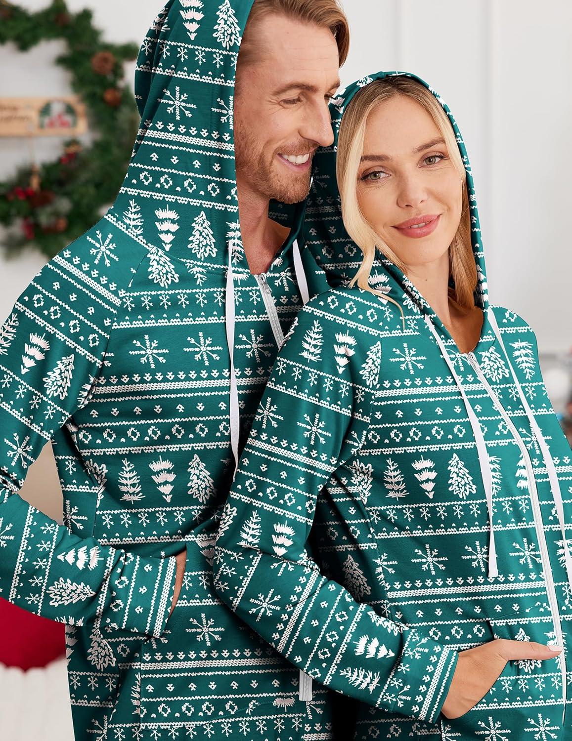 imageEkouaer Christmas Onesie for Couples Zipper Hooded Adult Matching Onesie Pajamas with PocketsGreen Christmas Tree