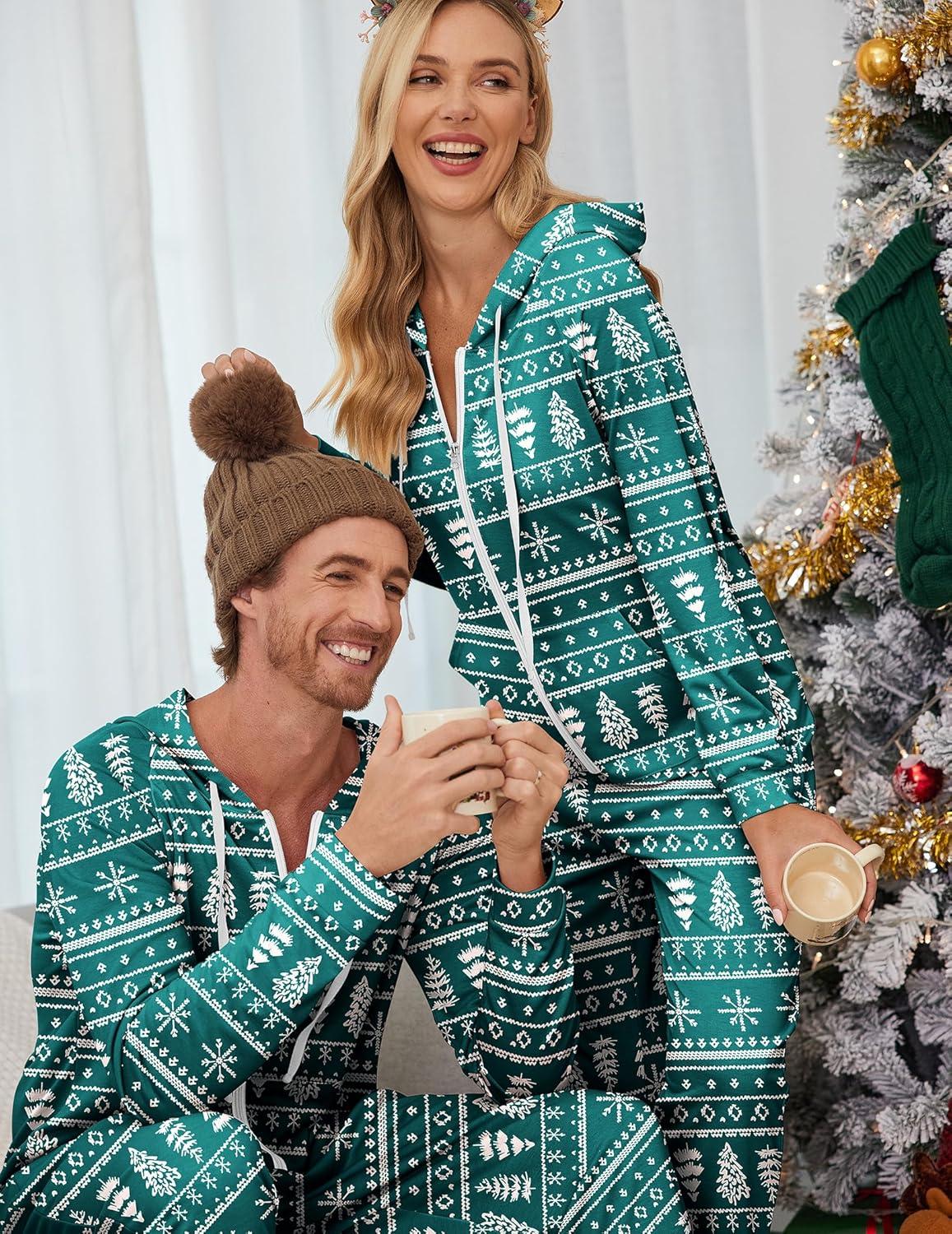 imageEkouaer Christmas Onesie for Couples Zipper Hooded Adult Matching Onesie Pajamas with PocketsGreen Christmas Tree