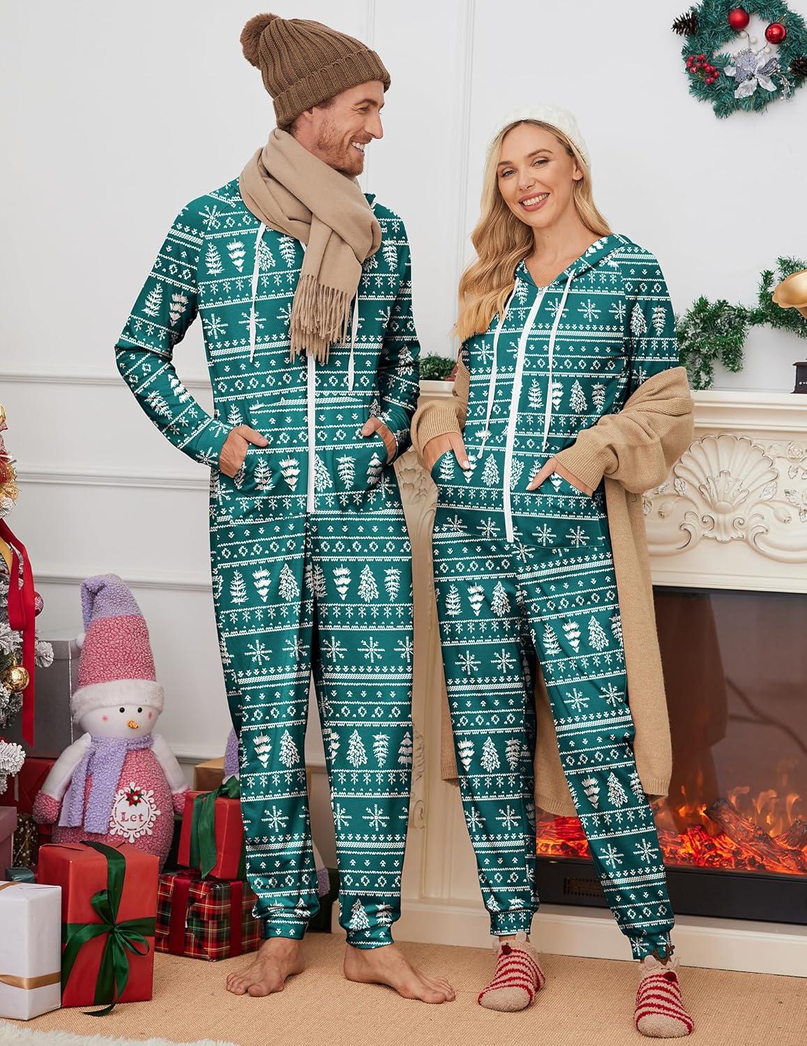 imageEkouaer Christmas Onesie for Couples Zipper Hooded Adult Matching Onesie Pajamas with PocketsGreen Christmas Tree