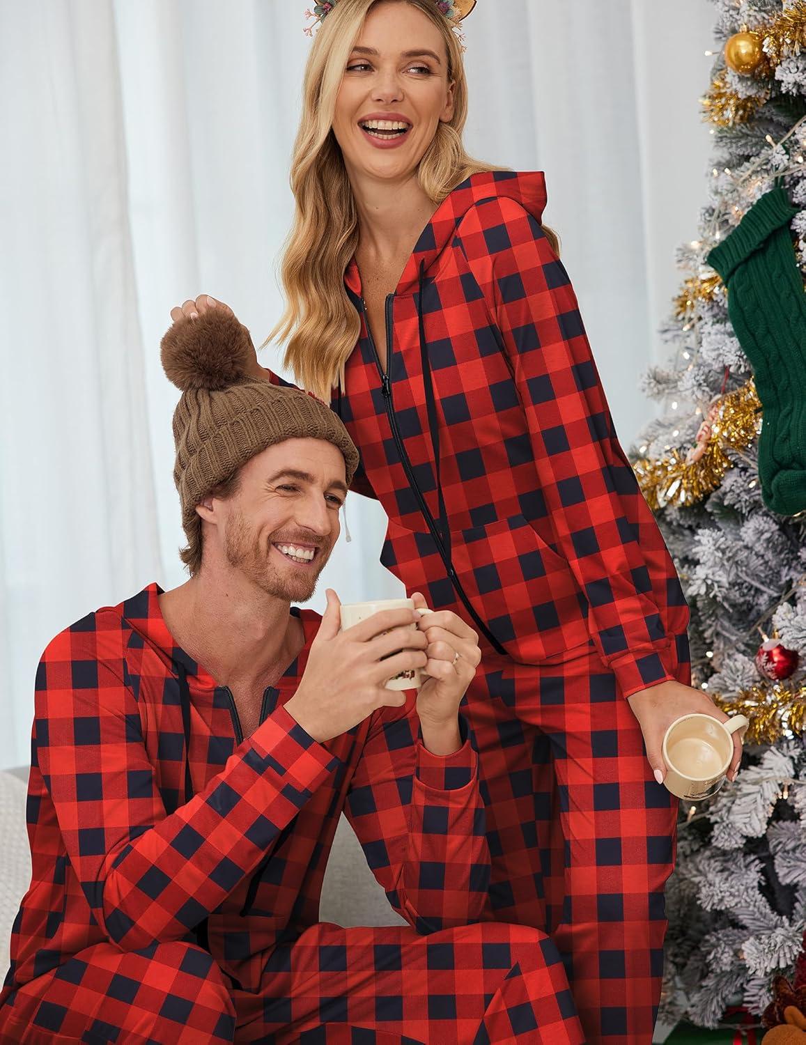 imageEkouaer Christmas Onesie for Couples Zipper Hooded Adult Matching Onesie Pajamas with PocketsRed Black Plaid