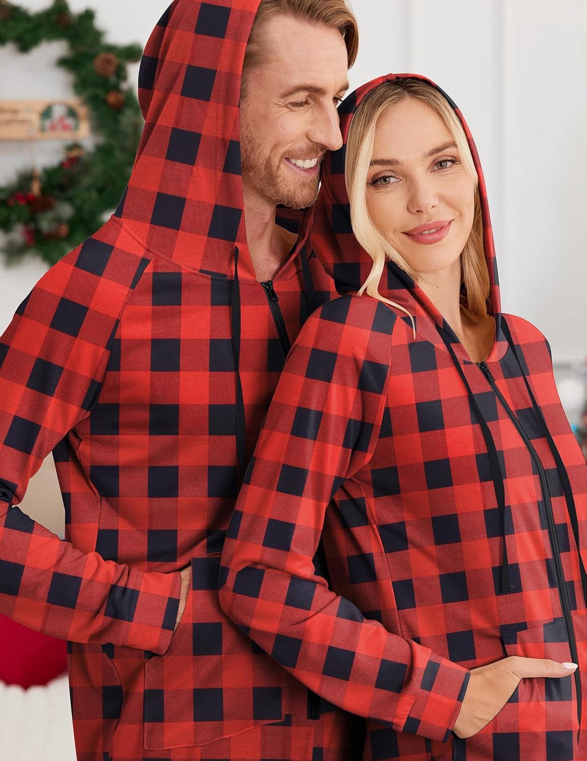 imageEkouaer Christmas Onesie for Couples Zipper Hooded Adult Matching Onesie Pajamas with PocketsRed Black Plaid