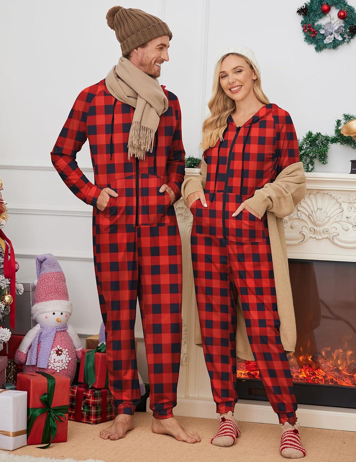 imageEkouaer Christmas Onesie for Couples Zipper Hooded Adult Matching Onesie Pajamas with PocketsRed Black Plaid