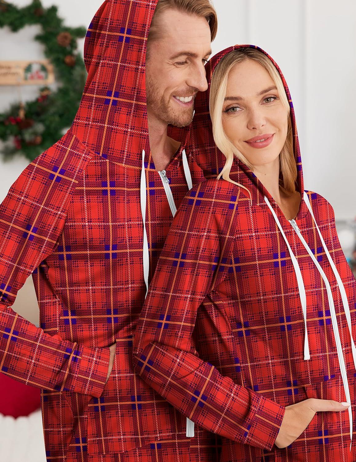 imageEkouaer Christmas Onesie for Couples Zipper Hooded Adult Matching Onesie Pajamas with PocketsRed Plaid
