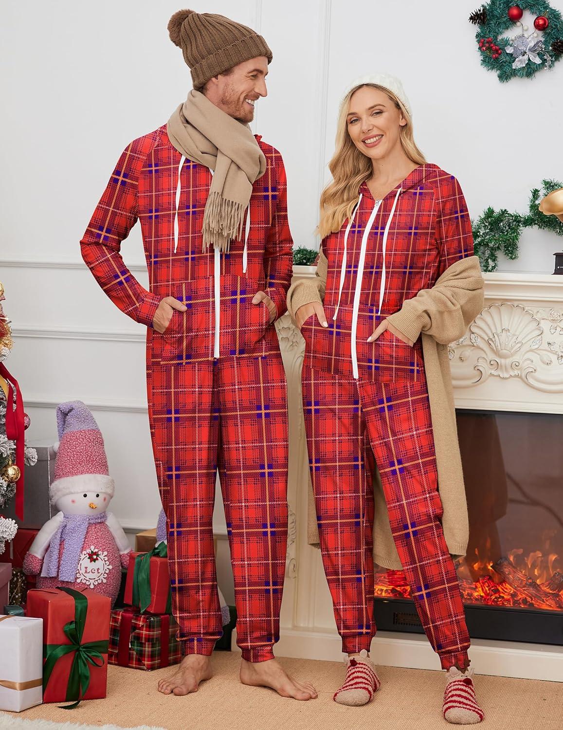 imageEkouaer Christmas Onesie for Couples Zipper Hooded Adult Matching Onesie Pajamas with PocketsRed Plaid